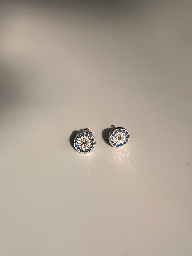 Load image into Gallery viewer, Frances Grace Blue and White Crystal Evil Eye Stud Earrings
