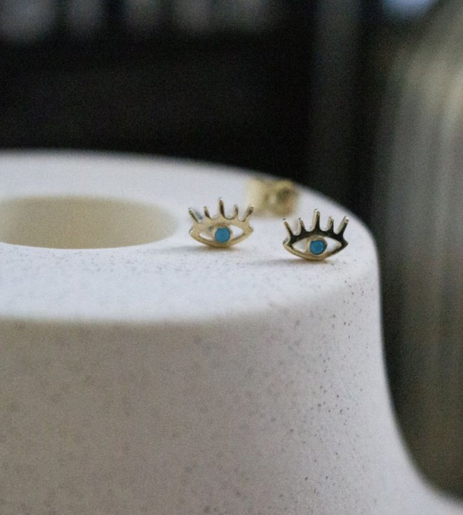 Load image into Gallery viewer, 10K Gold Evil Eye with Turquoise Stone Stud Single Earring
