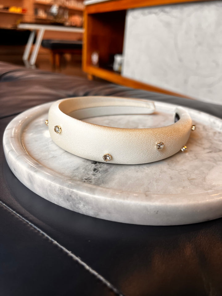 FRANCESGRACE Ivory Satin Rhinestone Headband - HOLDENGRACE - HOLDENGRACE